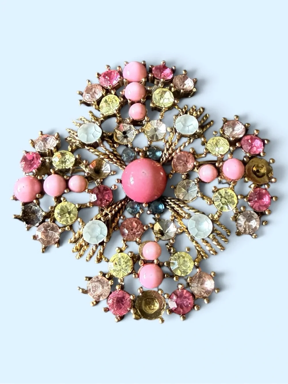 VINTAGE MALTESE CROSS BROOCH - Mid-Century Pastel Rhinestones